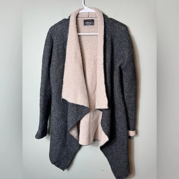 Zara Knit Grey Draped Lapel Open Wool Blend Cardigan Sweater Women's Size Medium - Picture 1 of 6